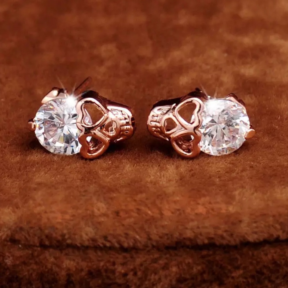 Crystal Skull Heart Rose Gold Toned Earrings - Picture 3 of 8